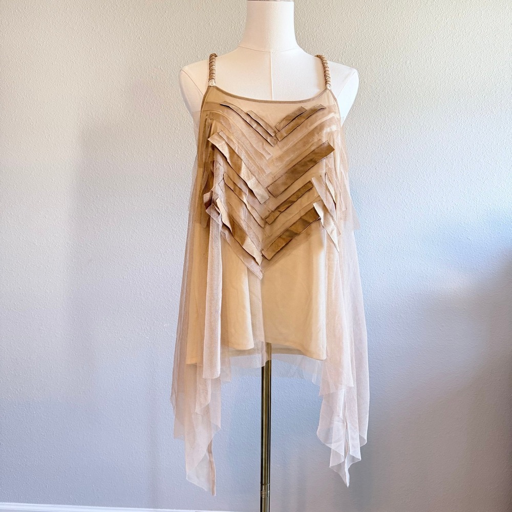 Authentic Icon Womens Boho Mesh Handkerchief Hem Tank Top Beige Medium NWT